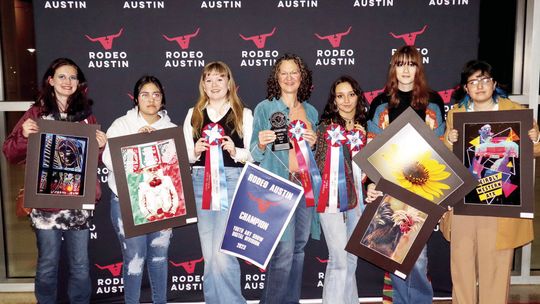 Rodeo Austin Art Show participants included (from left) Samarin Mokry, Milagros Acosta-Rios, Ava Finch, Christina Strnad (teacher), Alyssa Johnson, Rochelle Malish and Emilia Tinajero. Not pictured are Joseph Hanson, Landon Gregory and Michael Machala. Courtesy photos