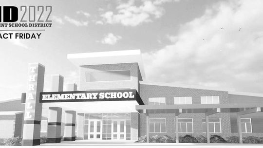 Here is a rendering of a potential new elementary campus at Thrall ISD. The entrance design resembles the current high school. Facebook / Thrall High School