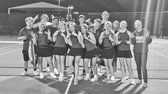 Thrall Tennis team posing for a picture together. Elena Garcia (front left), Kinley Hoffman, Lilly O’Neil, Avery Ochoa, Julie Crabb, Sarah Laurence, and Aubrie Shuttles. Dawson Gilmore (back left), Cason Sledge, Jesus Garcia, Steven Walker, Payton Gilmore, Brady Branson, Ethan Dahl, and Te...