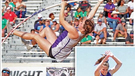 Thrall girls varsity track and field junior Avery Koonce competes in the pole vault on April 28 during the 2A Region 4 meet held at Javelina Stadium in Kingsville. Photo courtesy of Thrall ISD