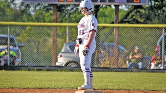 Tigerettes freshman Gracie Fitzgerald standing on second base waiting for the ball to be put in play. Photo by Cristina Jarosek