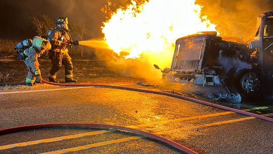 Two Williamson County Emergency Services District #10 firefighters battle a truck fire on FM 1331 in Hare Aug. 9. Facebook / Williamson County ESD #10