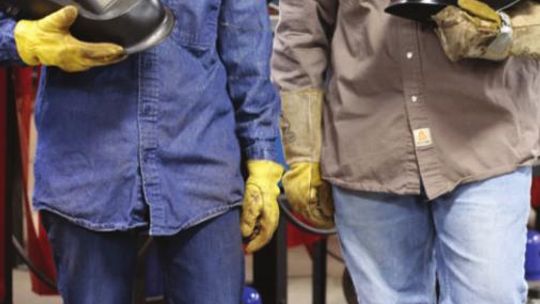 Jessica Kruse and Moira Gallegos are two of the female students studying welding technology at Texas State Technical College’s campus in Hutto. Courtesy photo