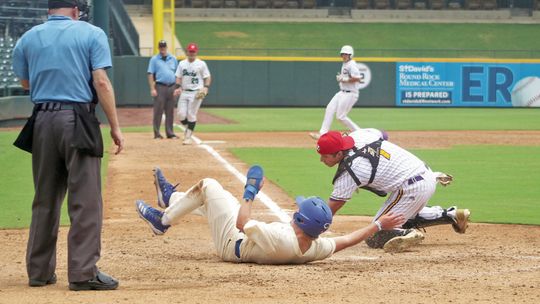 Lions varsity baseball senior catcher Nathan Tucker tags out an opposing runner at home plate on June 17 during the THSBCA All-Star Game held at Dell Diamond in Round Rock. Photos by Andrew Salmi