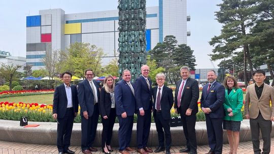 The delegation visited with executives from Samsung. (from left) Sung Min Hong (Samsung EVP, Head of Foundry Human Resources Team), Dave Porter (Executive Director, WilCo EDP), Dana Harris (Samsung), Precinct 4 Commissioners Russ Boles, Taylor Mayor Brandt Rydell, President Si Young Choi (...