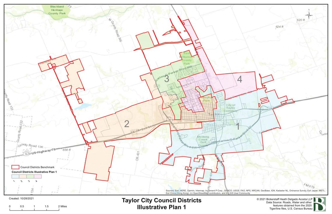 Taylor City Council districts have been realigned to these boundaries. Courtesy graphic / City of Taylor and Bickerstaff Heath Delgado Acosta