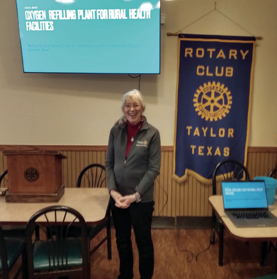 Joan Bohls, a board member and past president of the Rotary’s E-Club Central Texas chapter, was a featured speaker at the regular meeting of the Rotary Club of Taylor Dec. 29. Both chapters are partnering together to fund an oxygen regeneration plant in Liberia. Courtesy photo by the Rev....