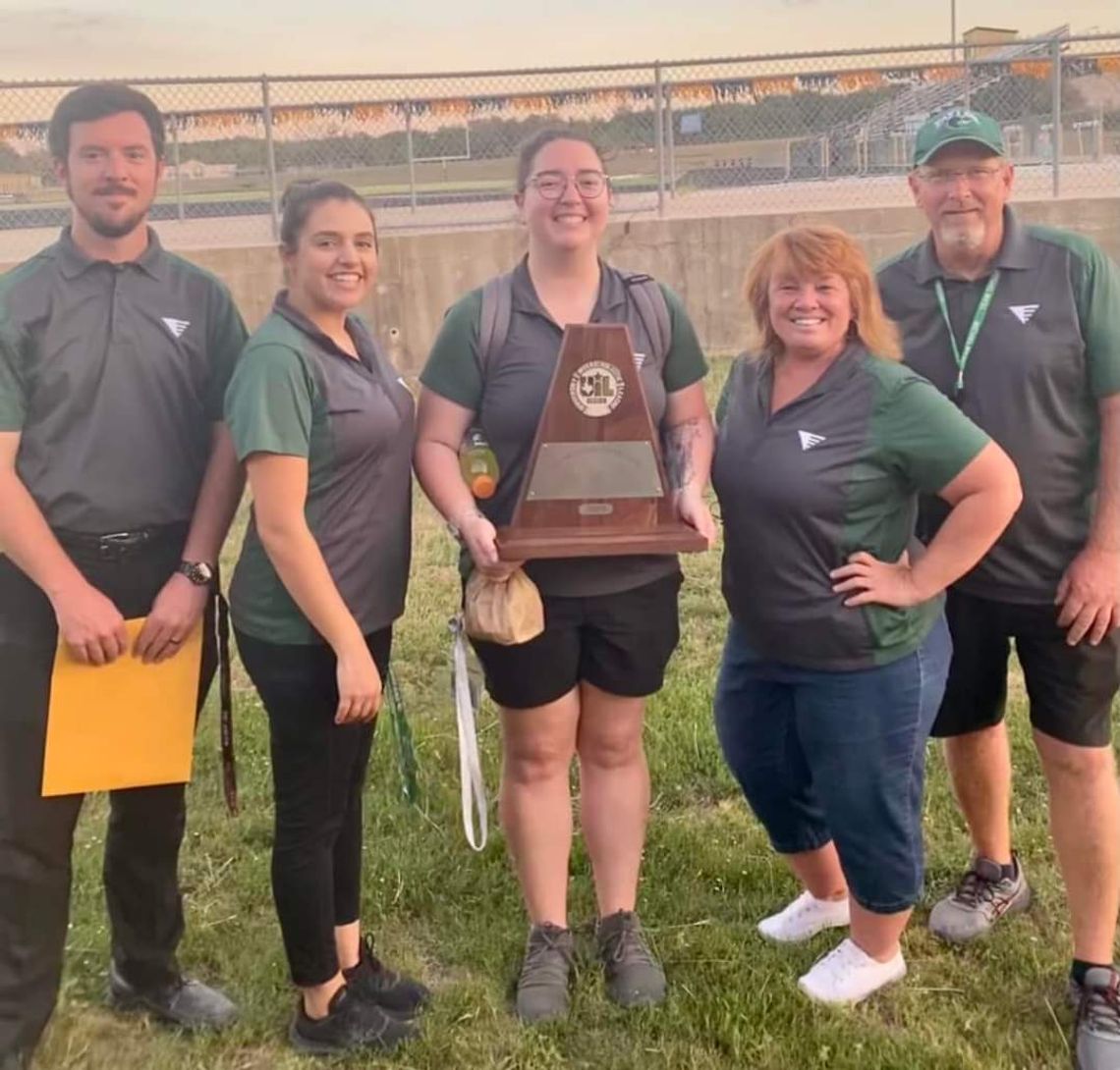 The Taylor High School Band and Color Guard recently picked up another win in UIL Region 26. They will now advance to Area D. The competition will be held Oct. 29 in Liberty Hill. Celebrating the win are (from left) Jared Perry, Brianna Perry, Emily Gazeley, Marcie Svatek and David Motl. 