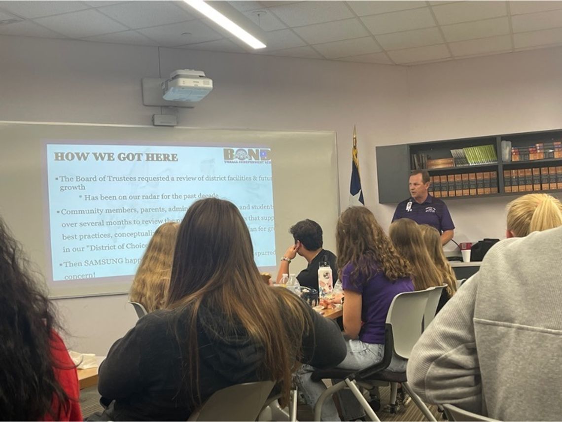 Superintendent Tommy Hooker discusses Thrall Independent School District’s bond proposals with the high school and middle school student councils prior to Election Day May 7. Student leaders asked questions and learned more about the bonds. Facebook / Thrall Independent School District