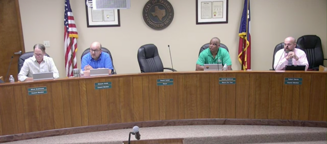 From left, councilmembers Mitch Drummond, Dwayne Ariola, Gerald Anderson and Robert Garcia begin the Aug. 11 City Council meeting at City Hall in Taylor. Captured via screenshot / City of Taylor