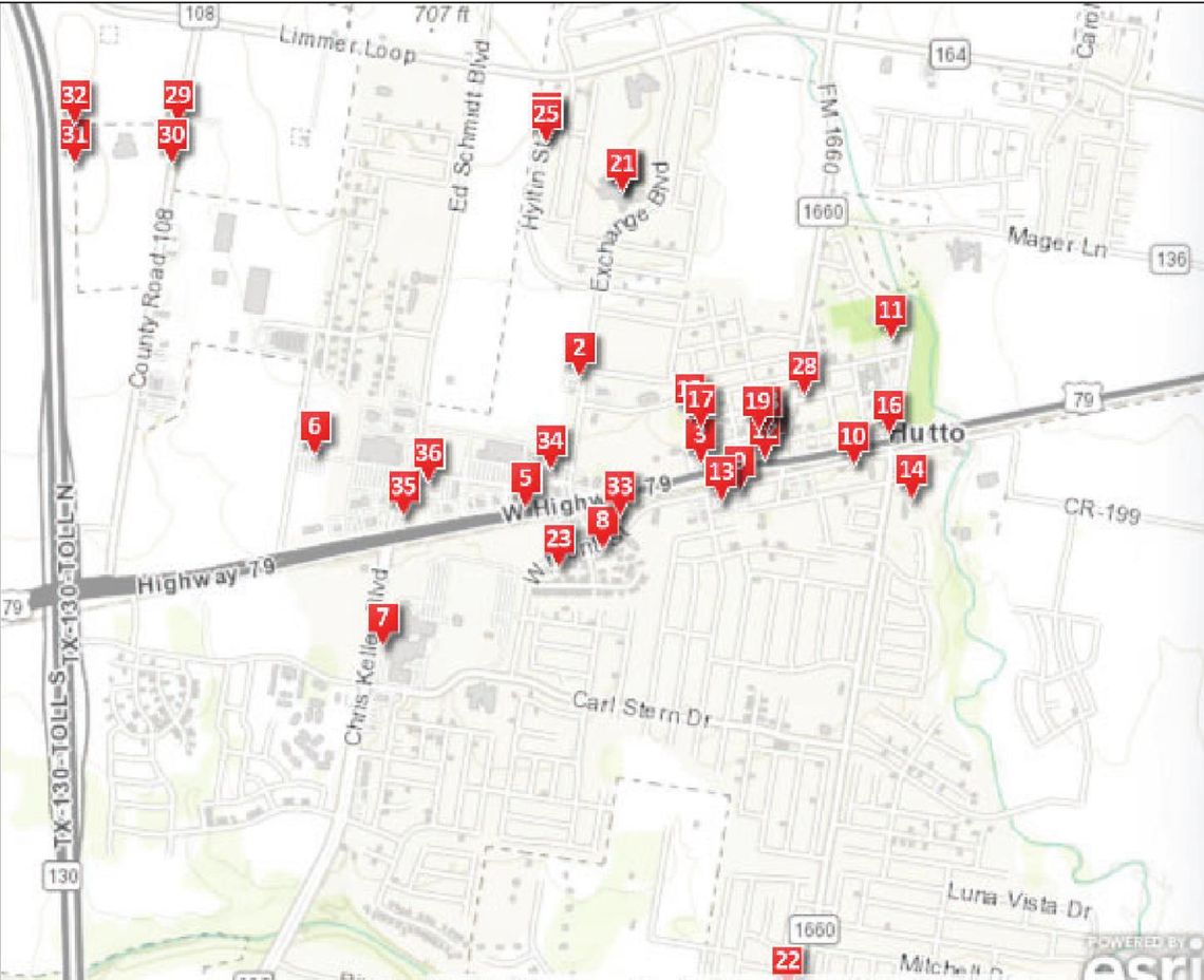 There are 35 Hutto Hippos all around town. This map gives you a guided tour of where to find them. Courtesy of www.hutto.maps.arcgis.com