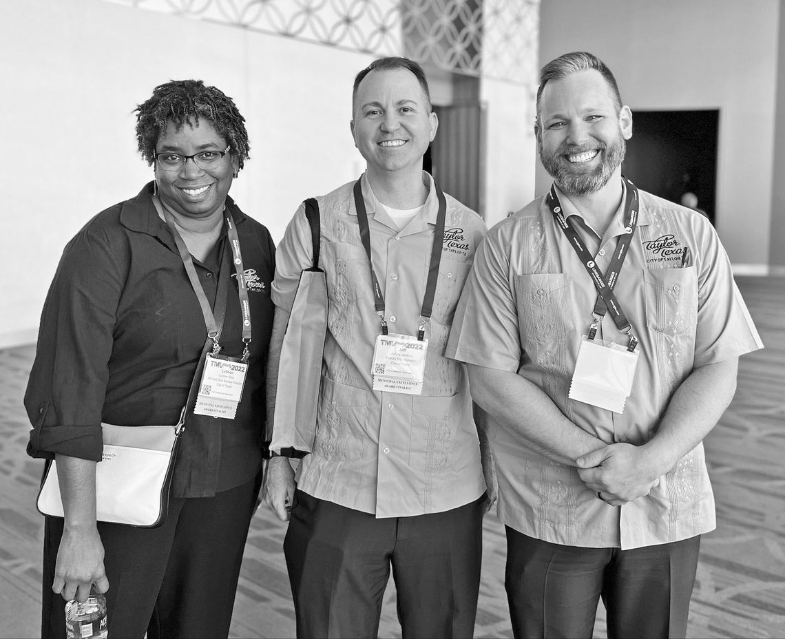 (Left) Taylor’s Human Resources Director LaShon Gros, Deputy City Manager Jeff Jenkins and City Manager Brian LaBorde take a moment to pose Oct. 5 at the Texas Municipal League Annual Conference and Exhibition in San Antonio. Facebook/cityoftaylortexas