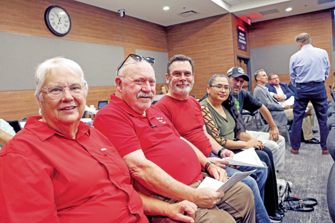 Ida Weaver (left), Jim Weaver, Aaron King, Cristina Garza and Chris Tipton, members of Hutto Community Watch, attended the council meeting. The organization supports a no new revenue tax rate. Photo by Edie Zuvanich