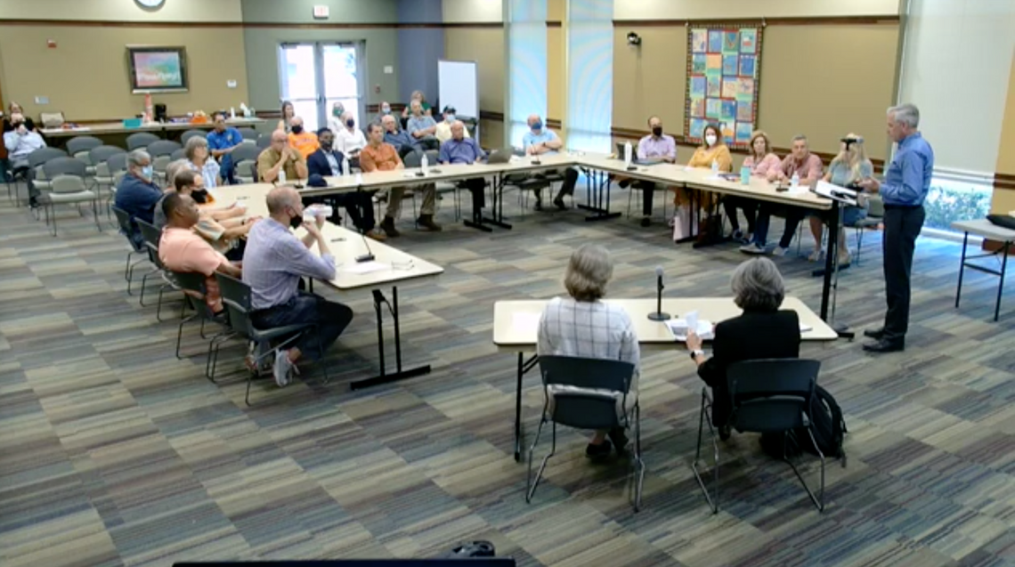 Tom Yantis (right), Taylor director of development services, addresses the Taylor City Council and Planning & Zoning Commission during a workshop on the city's comprehensive plan Sept. 28, 2021, at the Taylor Public Library in Taylor. Captured via Screenshot / City of Taylor