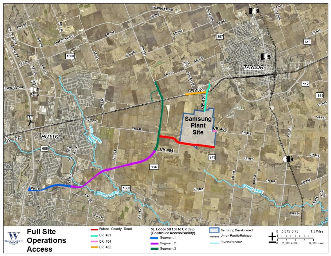 Williamson County government has released this map of relevant road projects near the construction of a planned Samsung Austin Semiconductor plant southeast of Taylor. The red line denotes where a future county road is planned for construction. Courtesy graphic / Williamson County