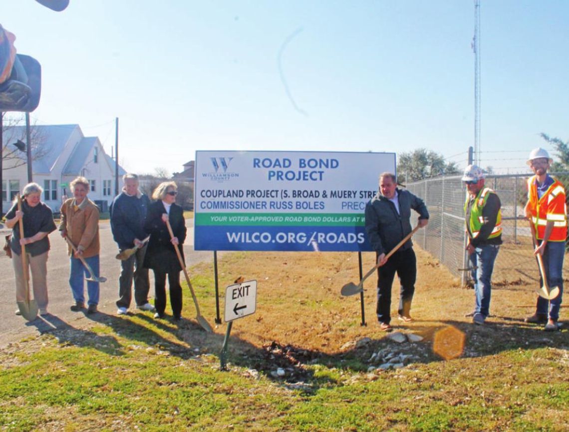 Officials celebrate the groundbreaking of a Coupland road project Feb. 7. Pictured are, from left, Aldermen Susan Garry and Karen Marosko, Mayor Jack Piper, Mayor Pro-Tem Barbara Piper, Commissioner Russ Boles, Chasco Construction’s Clint Goertz and CONSOR’s Zach Kenealy. Photos by Fernand...