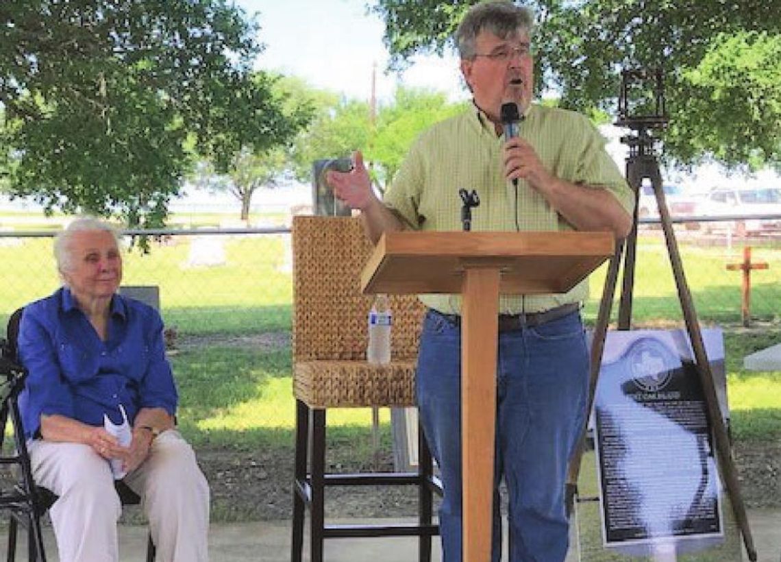 Charlene Hanson Jordan looks on as Trey Smith discusses the history of the area during a ceremony at Type Church near Coupland May 14. Photos by Susan Garry