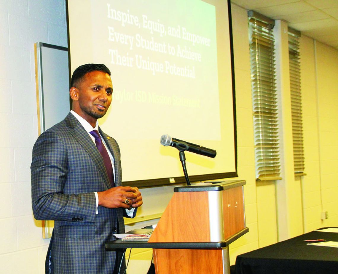 Superintendent Devin Padavil highlights Taylor Independent School District achievements and milestones at the March 20 luncheon sponsored by the Greater Taylor Chamber of Commerce. Courtesy photo