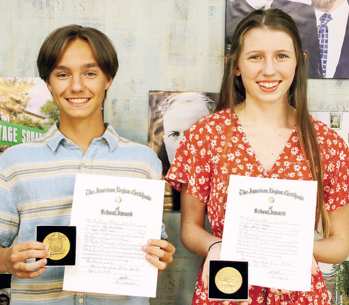 The American Legion Graham D. Luhn Post 39 provides an annual scholastic excel award to the top boy and top girl of each eighth-grade class. This year’s recipients are Ben Bachmayer and Callie Kloppe. Photo by Jason Hennington