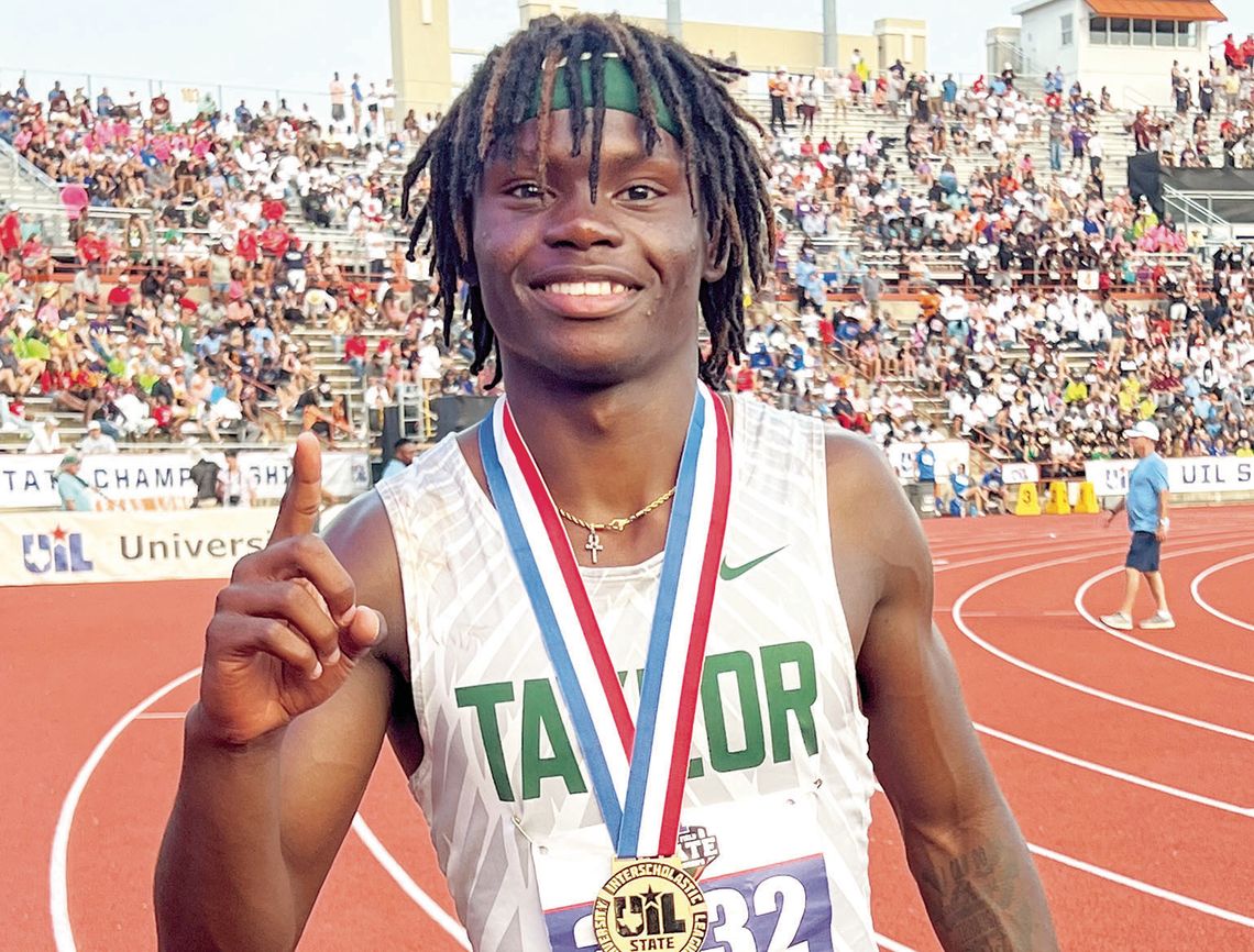 Ducks star Jarvis Anderson shows off his gold medal in the 300-meter hurdles event on May 11 at the UIL Track and Field Championships held at Mike A. Myers Stadium in Austin. Photo by Briley Mitchell