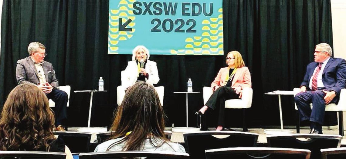 Hutto ISD Superintendent Celina Estrada Thomas (second from left) served as a panelist at the SXSW EDU to discuss Hutto ISD’s demographic trends. Photo courtesy of the Hutto ISD Facebook page