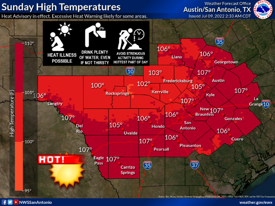 Here are the region's highs for Sunday, July 10, per the National Weather Service. Courtesy graphic / National Weather Service