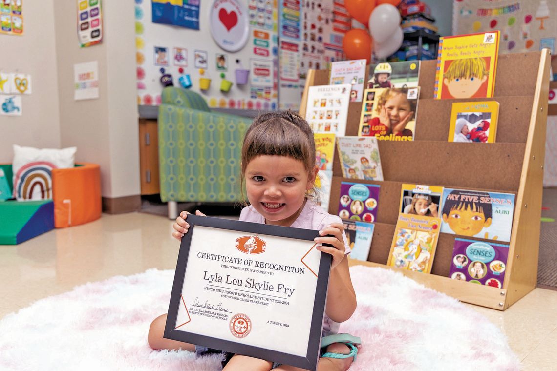 Lyla Lou Skylie Fry is the 10,000th student to enroll in the district this year. She attends Cottonwood Creek Elementary. Photo courtesy of Hutto Independent School District