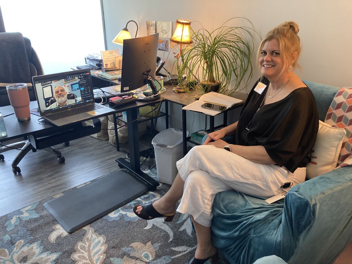 Lesa Cantrell, Hope’s vice president of resource development, pauses during a Zoom call with CEO Richard M. Brown May 31. Photo by Nicole Lessin