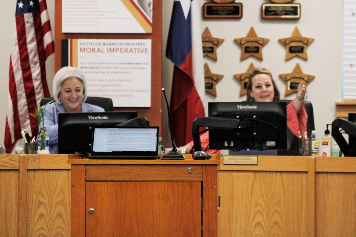 Hutto superintendent Celina Estrada Thomas (left), and school board president Billie Logiudice (right) welcome Kayla Gossett as she was announced as the new principal at Benjamin “Doc” Kerley Elementary School. Photo by Matt Hooks