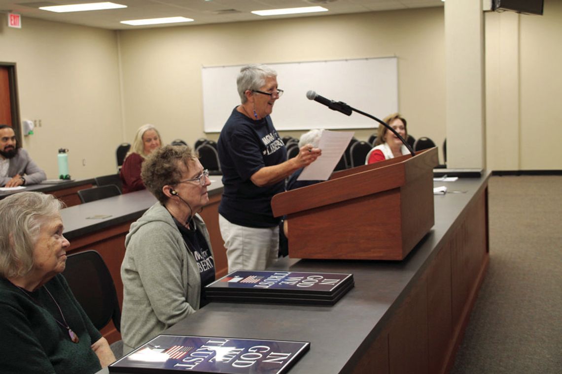 Allison Tangeman speaks at the Oct. 17 regular meeting of the Taylor Independent School District Board of Trustees on behalf of Moms for Liberty. Photo by Nicole Lessin