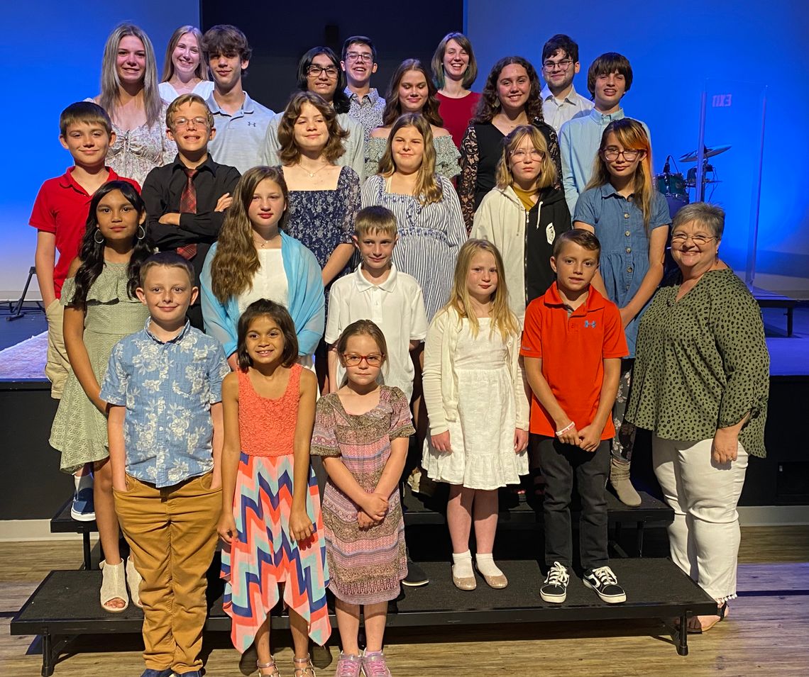 The group includes Elsa Anderson, Makenna Collier, Demi Dahlberg, Solomon Eiben, Sophia-Rae Eiben, Vivian Eiben, Juliette Havens, Hudson Luedtke, Levi Luedtke, Allison Mahmood, Luke Manuel, Nicholas Martinez, Olivia Martinez, J. D. Morgan, Grace Philhower, Adalynn Reed, Emily Reeves, Fen R...