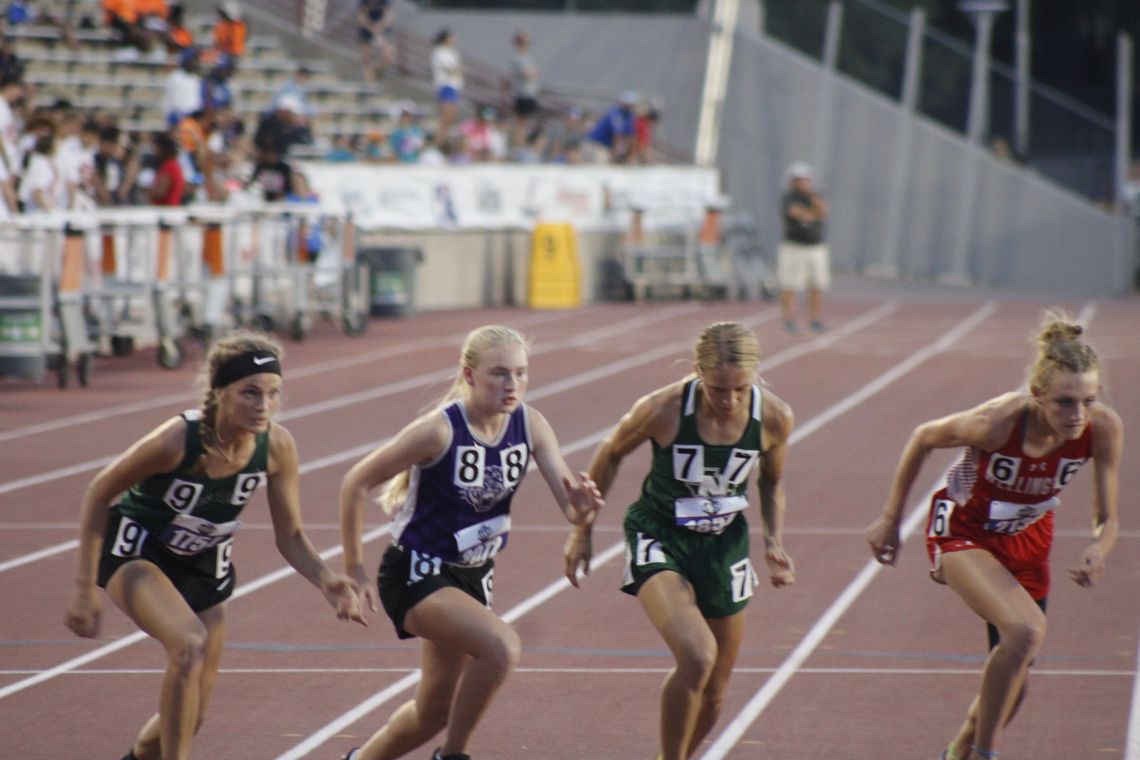 Sarah Beth Laurence of Thrall lines up ready to go in the 2A girls 1600-meter run at the UIL state championships this past Friday, May 13, at Myers Stadium in Austin. 