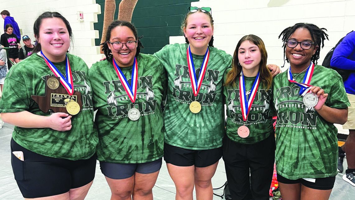 Medalists and award winners (from left) Analise Frias, Sophia Plonka, Krista Randig, Zoe Moore and Ri’Queleigh Holmes-Grant pose together for a picture after the meet. Courtesy Photo