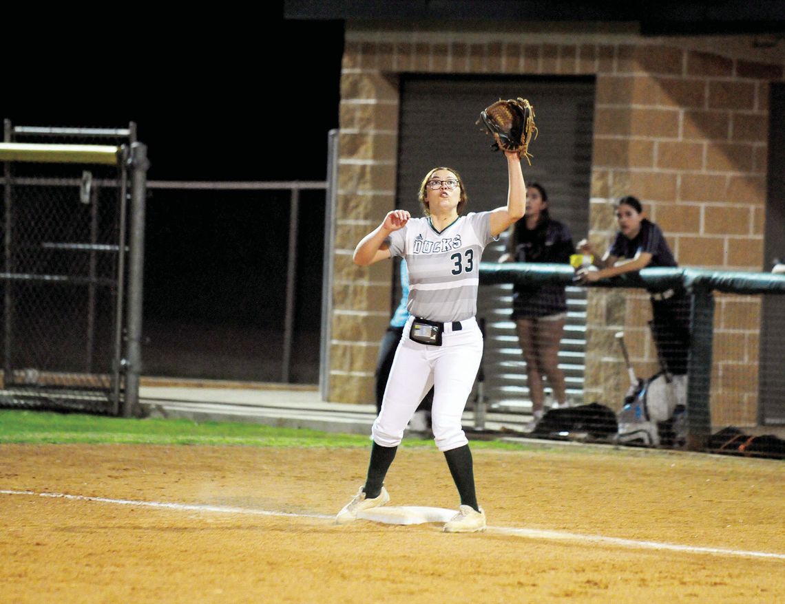 Lady Ducks junior Kayleigh Page tracking the ball to her glove to secure an out. Photos by Evan Hale