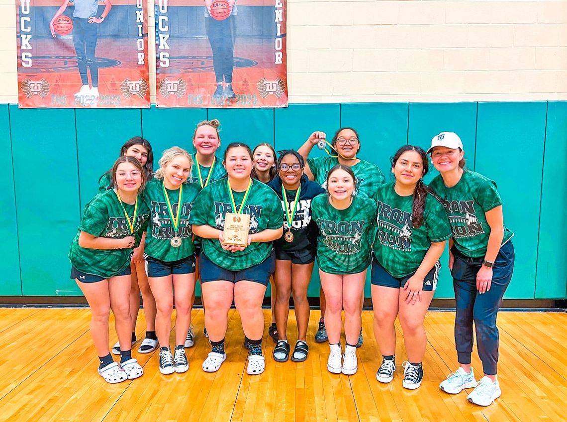 Lady Ducks posing for a picture together after their meet. Lorena Glover (front left), Rylie Dlouhy, Analise Frias, Ri’Queleigh Holmes-Grant, Eliana Aleman, Nicolette Villarreal, Coach Raegan Blackmon, Karina Hall-Albavera (back left), Krista Randig, Vanessa Diaz, Sophia Plonka. Not pictur...