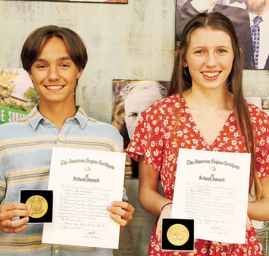 The American Legion Graham D. Luhn Post 39 provides an annual scholastic excel award to the top boy and top girl of each eighth grade class. This year’s recipients are Ben Bachmayer and Callie Kloppe. Photos by Jason Hennington