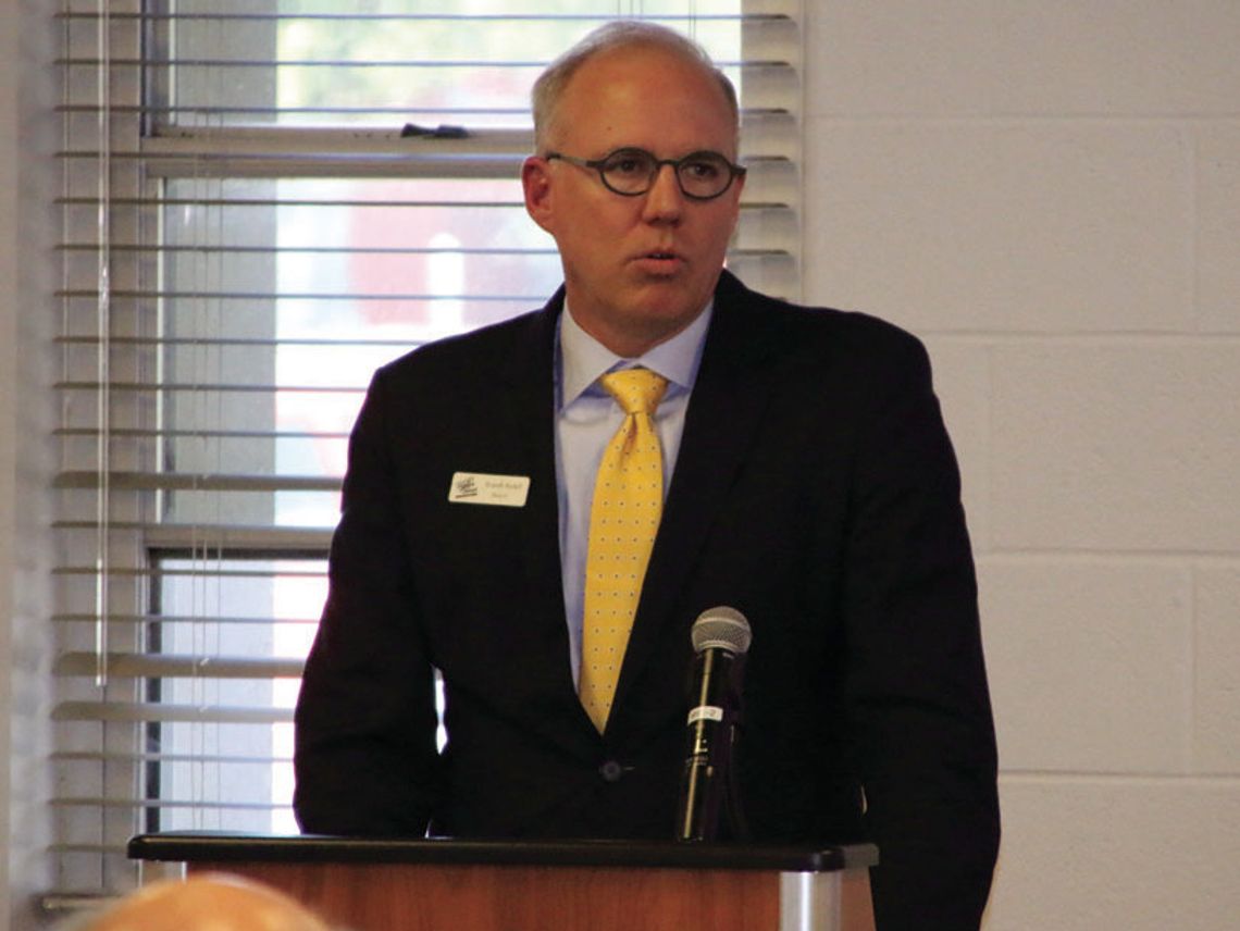 Mayor Brandt Rydell addresses a sold-out crowd at the Taylor Independent School District’s Event Center Feb. 27. Photo by Jason Hennington