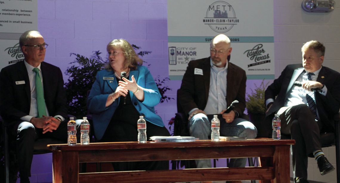 (From left) Brandt Rydell, the mayor of Taylor, Michele Glaze, communications &amp; community affairs head for Samsung Austin Semiconductor, Bryan Bracewell, Southside Market &amp; Barbecue owner, and Chris Cervini, Austin Community College’s vice chancellor for community affairs, discuss...