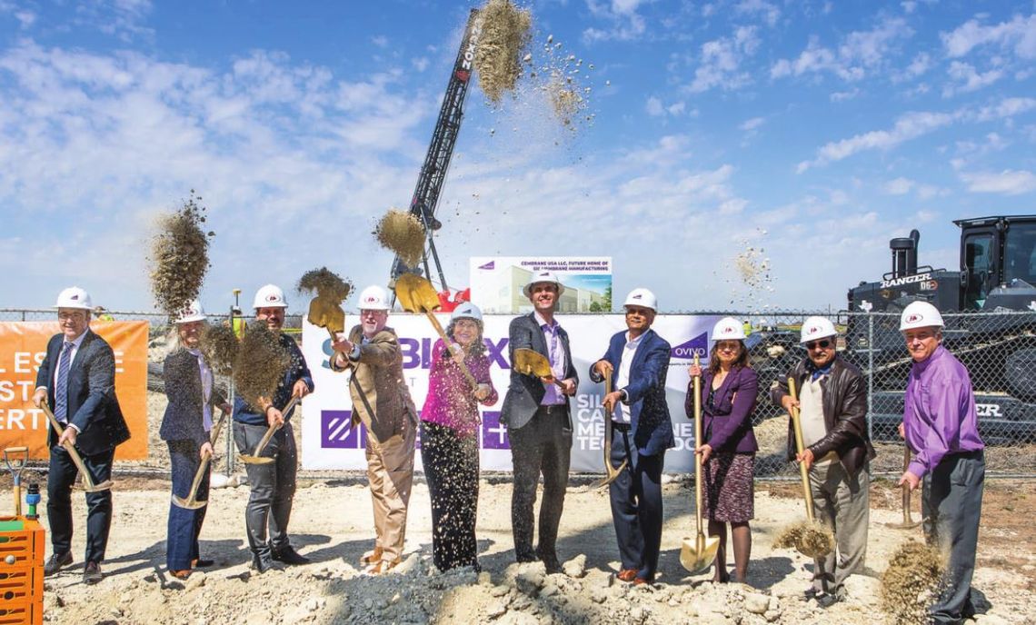 Hutto elected officials along with representatives from Ovivo throw dirt in a traditional groundbreaking event March 9 in the Titan Innovation Business Park.