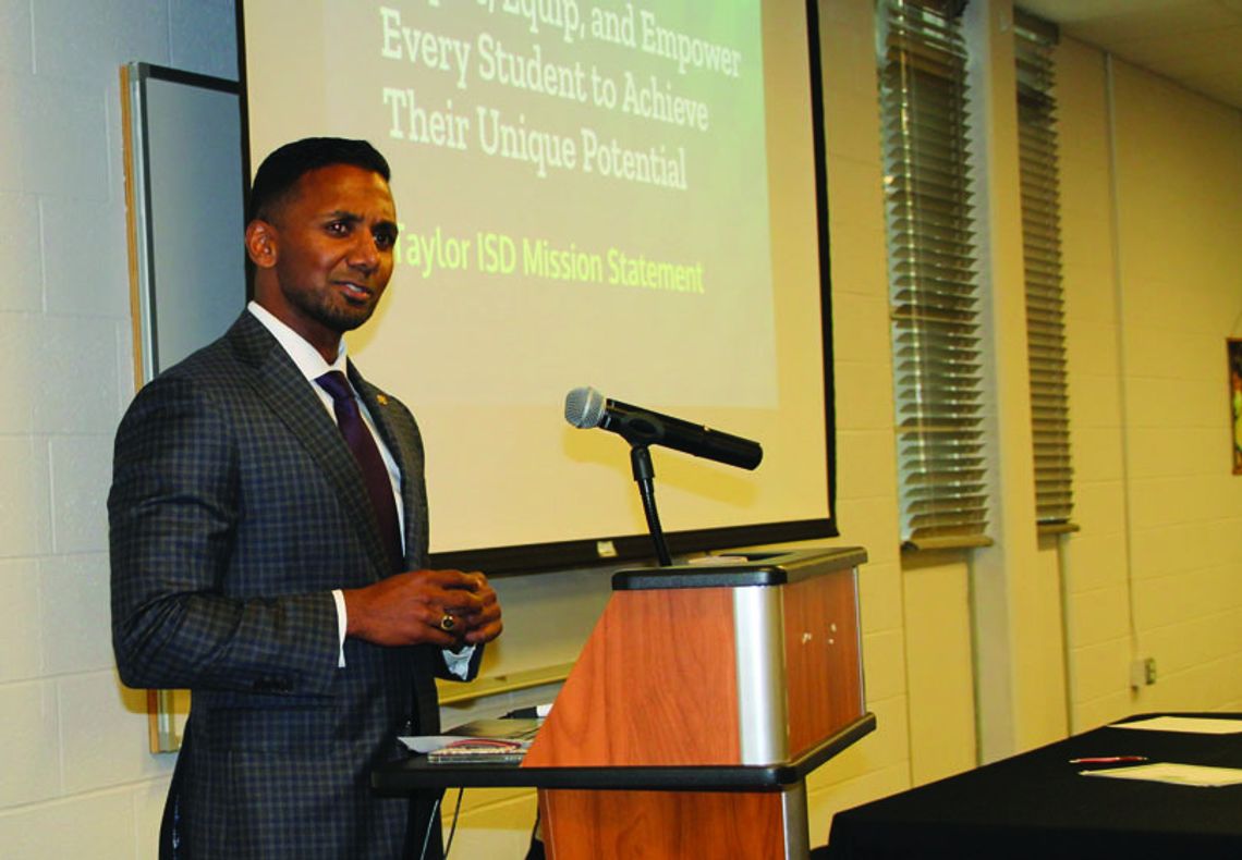 Superintendent Devin Padavil highlights Taylor Independent School District achievements and milestones at the March 20 luncheon sponsored by the Greater Taylor Chamber of Commerce. Photos by Nicole Lessin