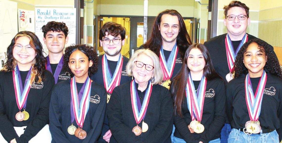 Taylor High School Academic Decathlon team celebrate their recent bronze finish at the Texas State Academic Decathlon Competition at the University of Incarnate Word in San Antonio Feb. 25-26. The team includes, from left, Soryna McIntire, Yahir Cancel, Lluvia Allen-Correa, Zane Talavera,...