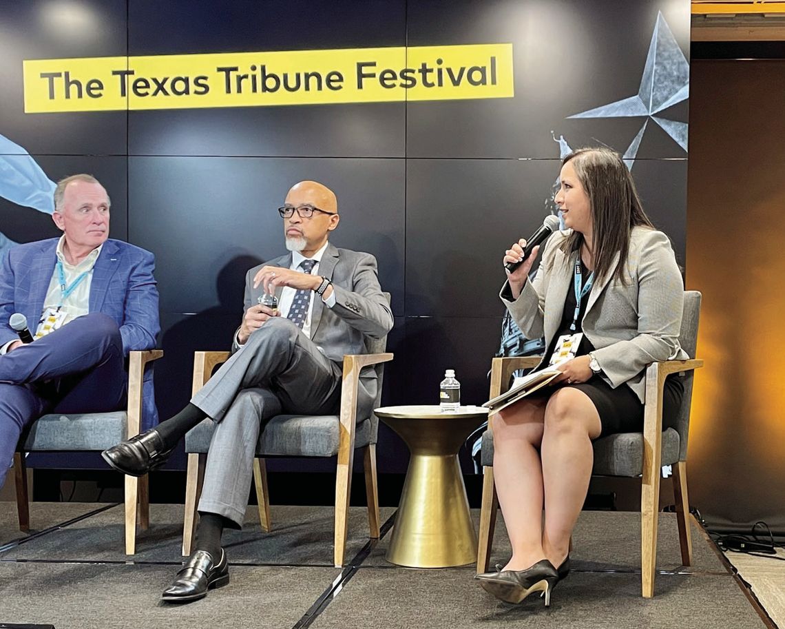 Temple College President Dr. Christy Ponce spoke Sept. 23 alongside Dr. Gregory Williams, president of Odessa College (center), and Todd Williams, founding chair and CEO of The Commit Partnership (left) at the 2022 Texas Tribune Festival in Austin. Courtesy Photo by Eric Eckert