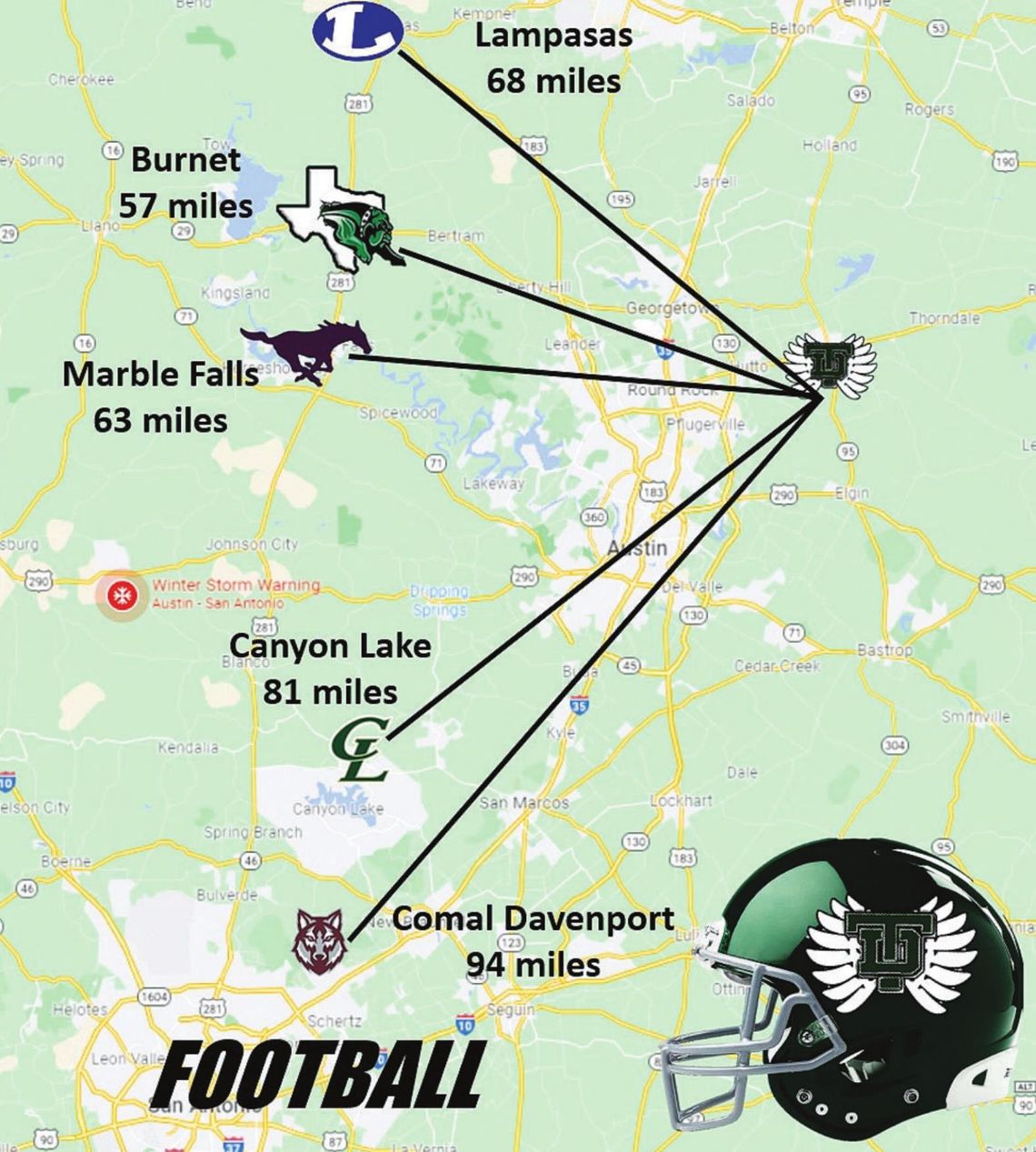 All of Taylor’s football district opponents will be located west of I-35 with the new realignments. Graphic by Matthew Hooks / Map: Google Maps