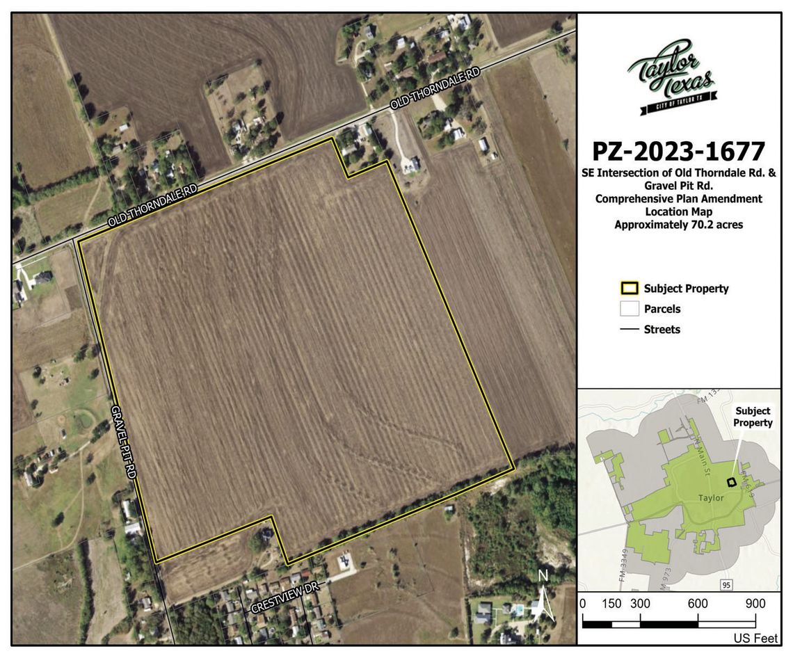 Residents brought concerns to the Taylor City Council about a proposal to rezone 70.2 acres of land near the intersection of Old Thorndale Road and Gravel Pit Road. The developer does not have a plan for the land, but asked for the rezone to develop a plan. Photo courtesy of the city of Ta...