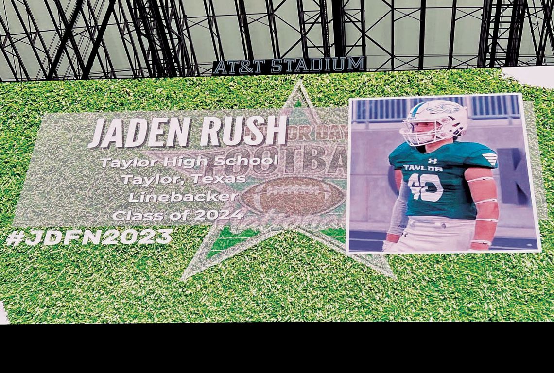 Taylor High School varsity football senior linebacker Jaden Rush has his picture displayed on the AT&amp;T scoreboard on Sunday, July 16 during the Junior Day Football National Showcase in Arlington. Photos courtesy of Joe Rush