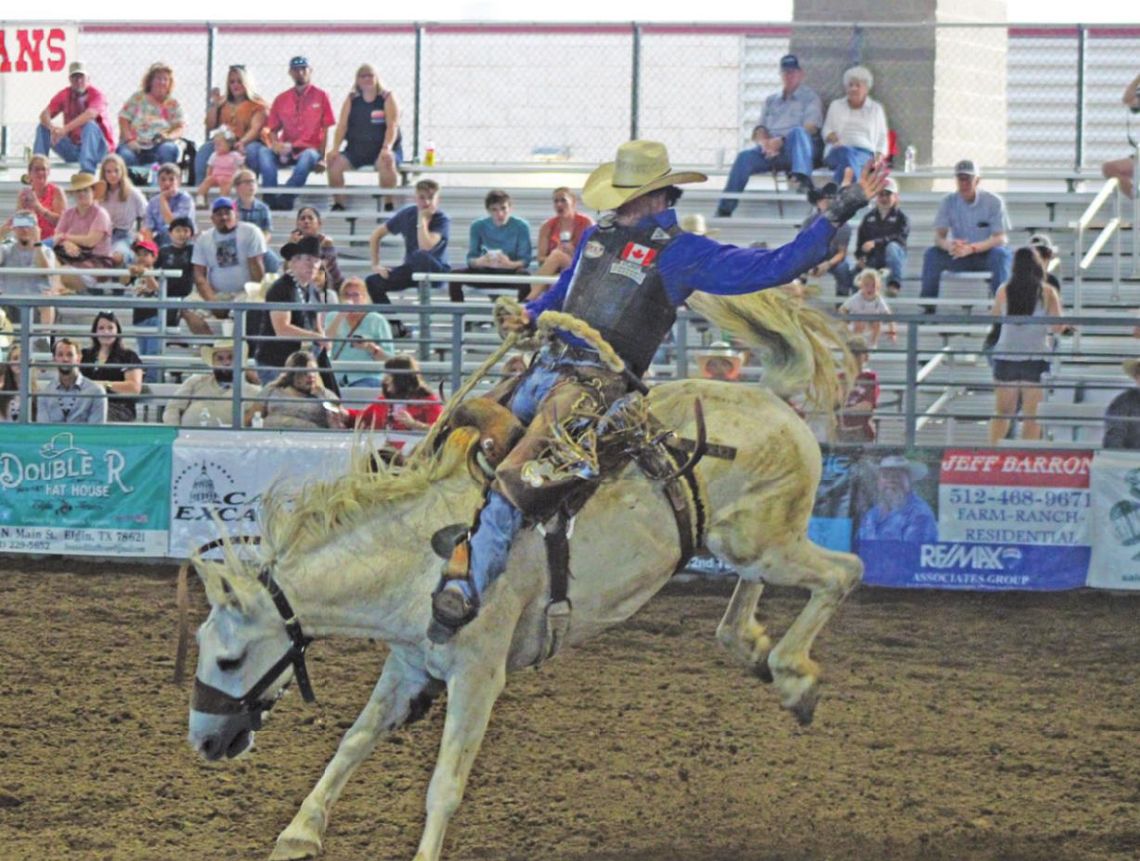 Reginald Lecourt scored an unofficial 77 in his bronc ride to kick off the rodeo events at the 72nd annual Taylor rodeo on Thursday, July 14. Photo by Matt Hooks