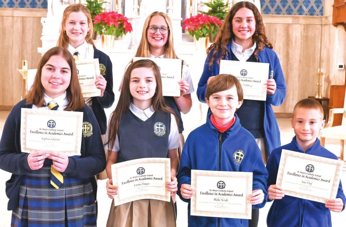 St. Mary’s Catholic School students in Taylor celebrate being named winners of the Award of Excellence for the second quarter of the 2021-22 school year. Courtesy photos