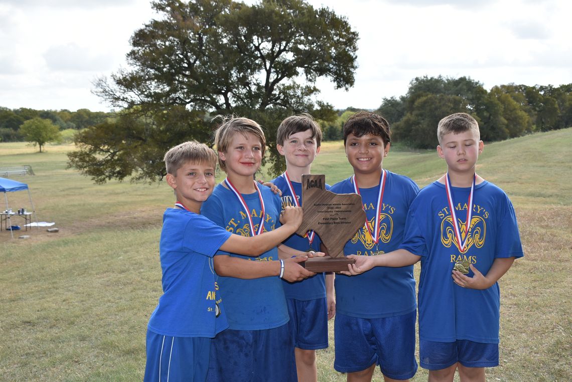 Rams Elementary boys team poses with the 1st place trophy at the Austin Athletic Association Cross Country meet. Courtesy Photo