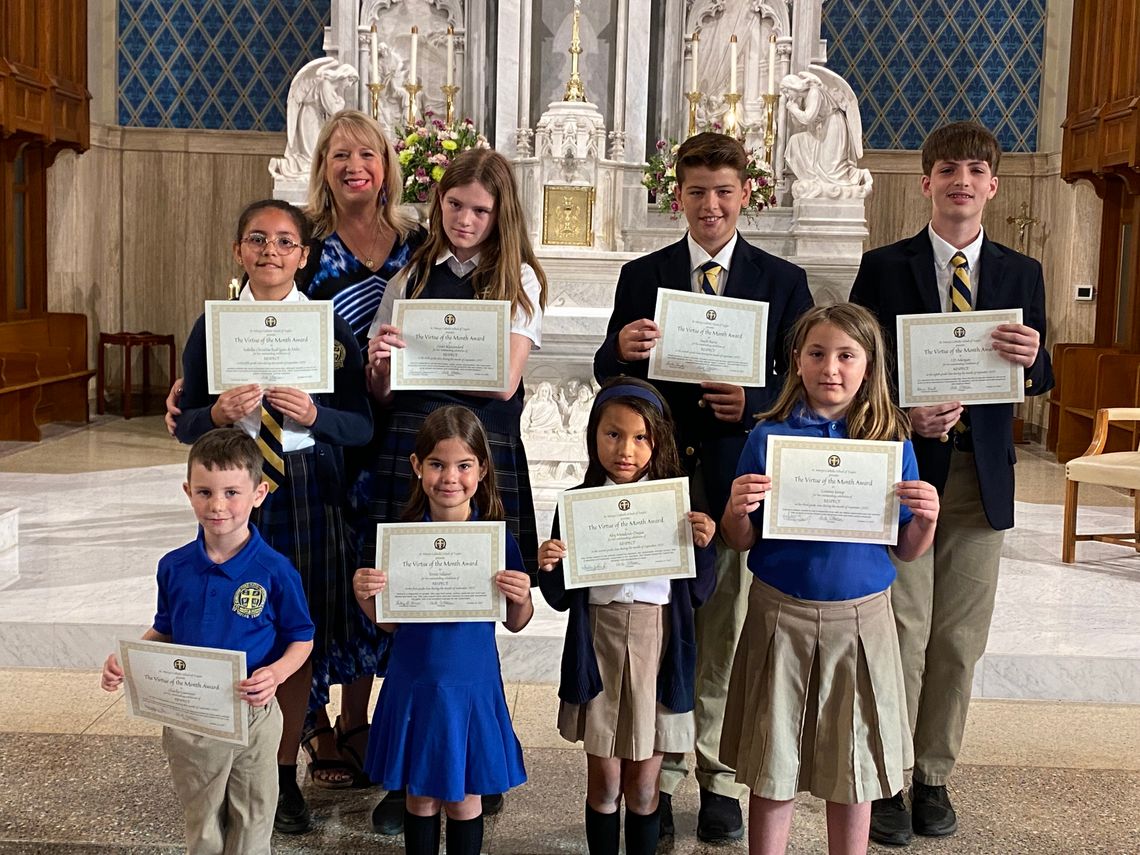 St. Mary’s Virtue of the Month winners are Charlie Lawrence, Teresa Salazar, Aby Mendoza-Duque, Gianna Jessup, Thomas Decker, Isabella Rodrigues de Melo, Grace Klenzendorf, Joseph Barta and JD Morgan. Courtesy photo