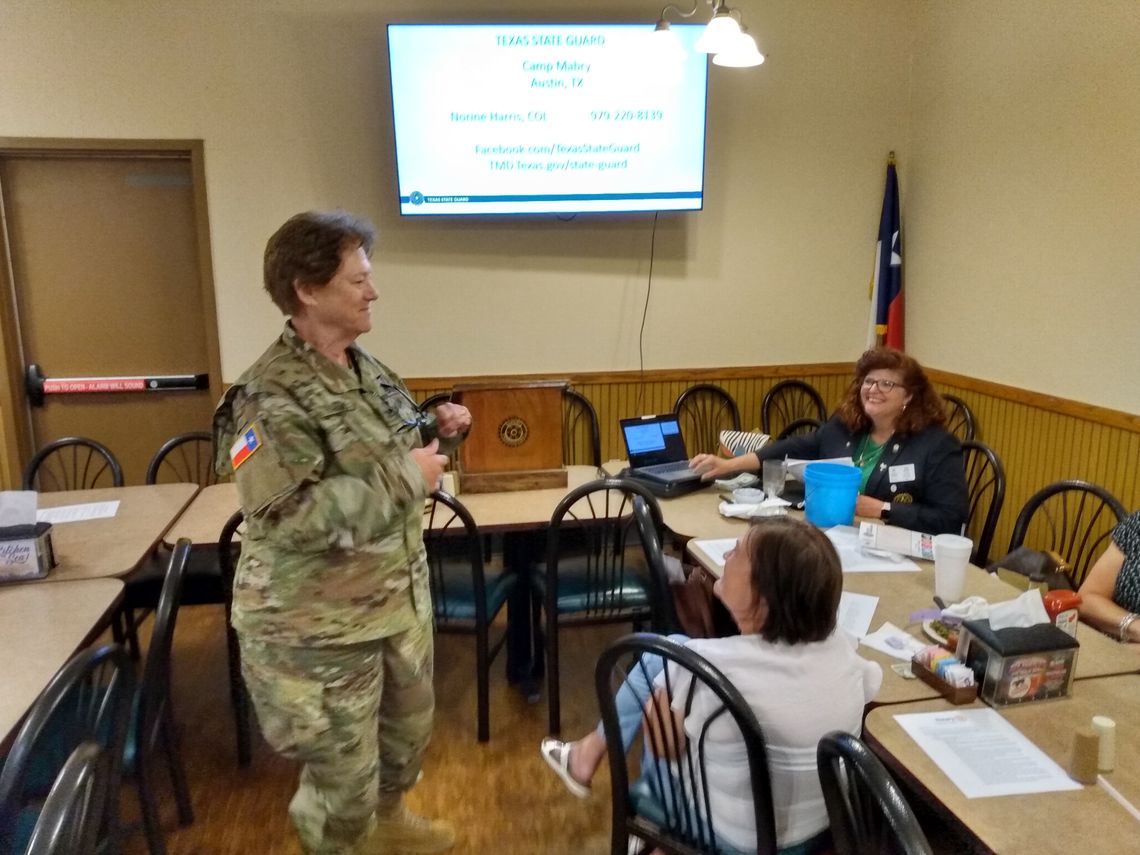 The Rotary Club of Taylor hears from Col. Norine Harris of the Texas Military Department’s State Guard during the Rotary meeting at Sirloin Stockade in Taylor Aug. 4. Taylor’s Rotary Club meets every Thursday at noon at Sirloin Stockade, 3607 N. Main St. Courtesy photo